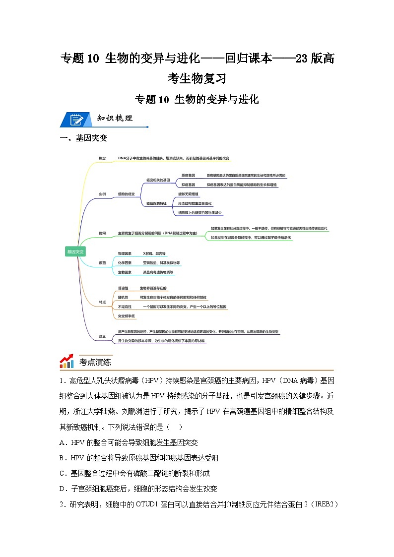 高考生物第一轮复习知识点挖空专项练习 专题10生物的变异与进化-回归课本-23版高考生物复习(原卷版+答案解析)第1页