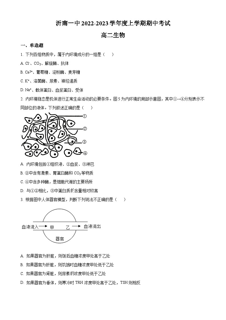 精品解析:山东省临沂市沂南一中2022-2023学年高二上学期期中生物试题(原卷版+答案解析)第1页