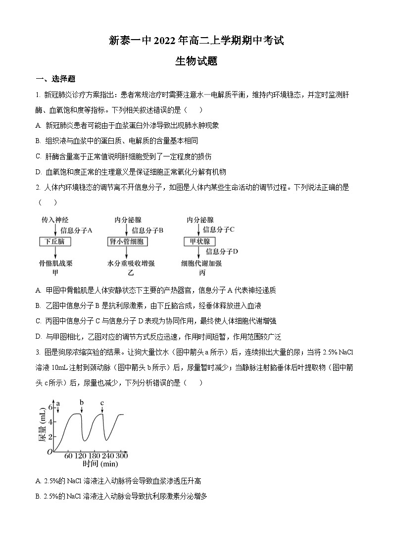 精品解析:山东省泰安市新泰市一中2022-2023学年高二上学期期中生物试题(原卷版+答案解析)01