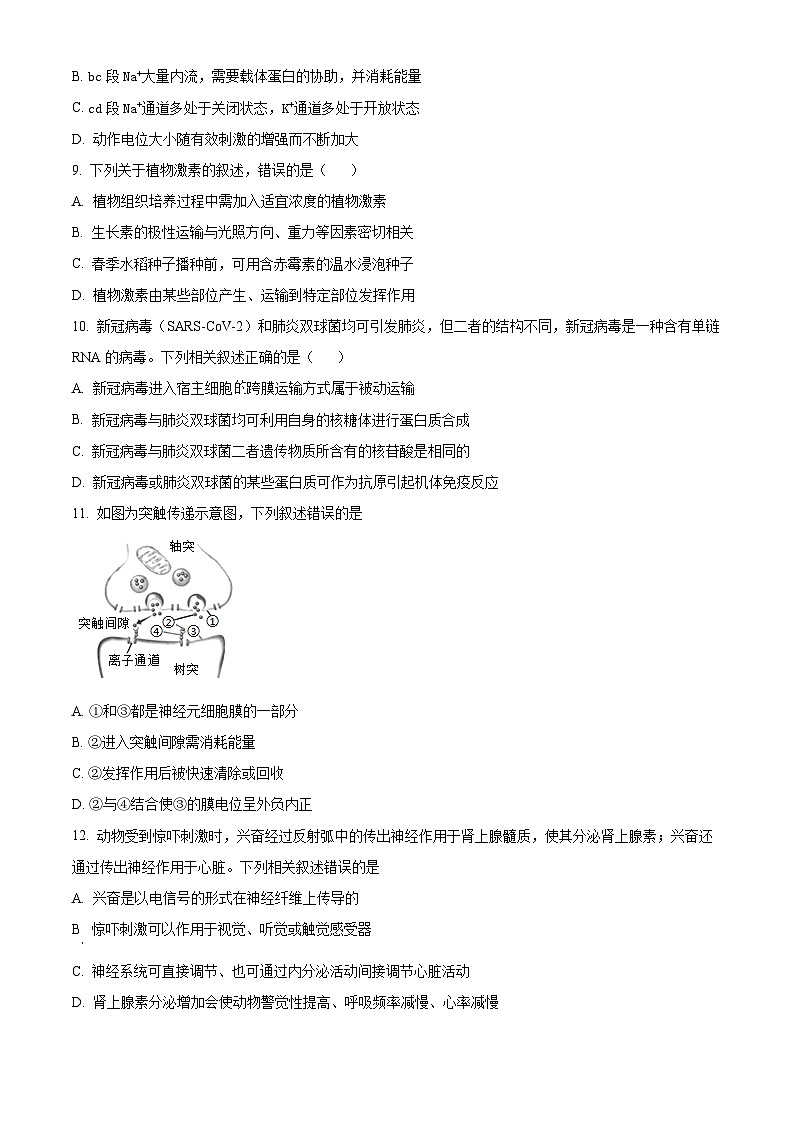 精品解析:山东省潍坊市山东海事职业学院2022-2023学年高二上学期期中生物试题(原卷版+答案解析)03