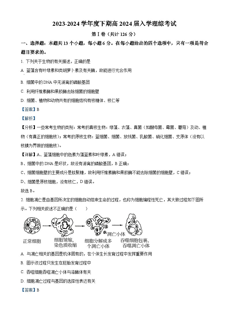 四川省成都市武侯区某校2023-2024学年高三下学期入学考试生物试题(Word版附解析)01