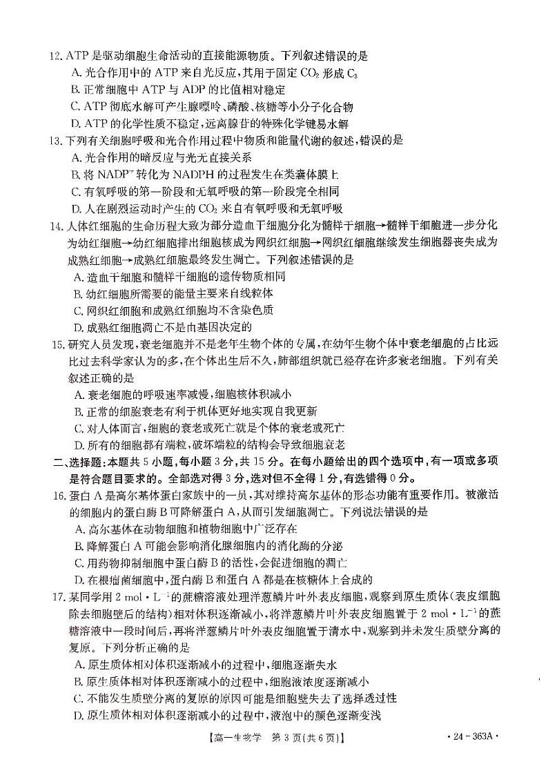 2024河南省许平汝名校高一下学期开学生物试题第3页
