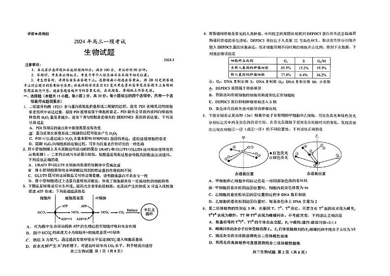 山东省菏泽市2023-2024学年高三下学期一模生物试卷第1页