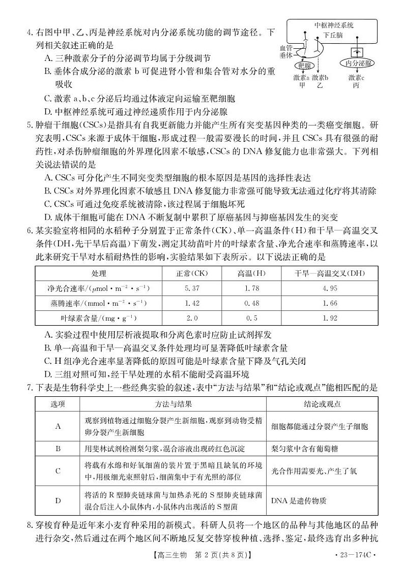 十堰市2023年高三年级上学期元月调研考试生物试题及答案第2页