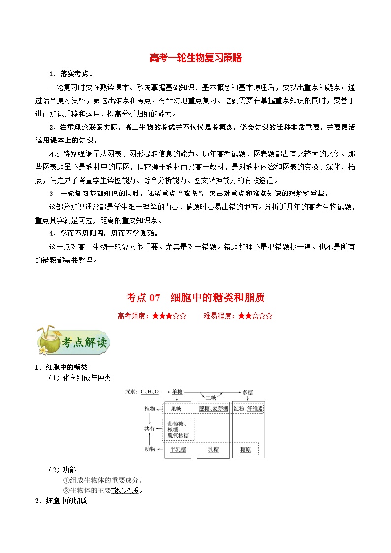 最新高考生物考点一遍过讲义 考点07 细胞中的糖类和脂质