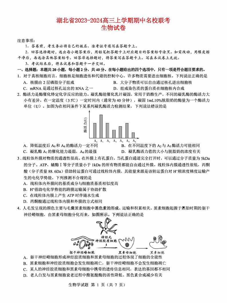 湖北省2023_2024高三生物上学期11月期中联考试题pdf第1页