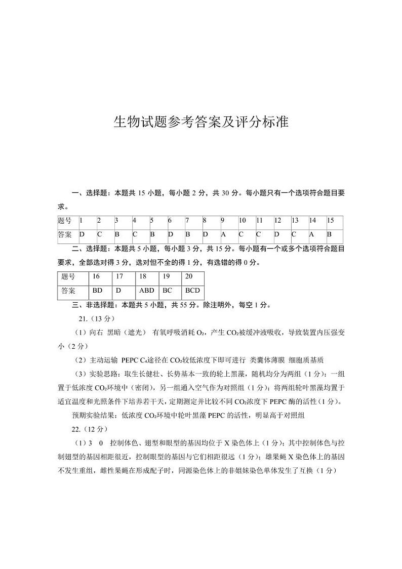 2024泰安高三下学期3月一轮检测(泰安一模)生物PDF版含答案01
