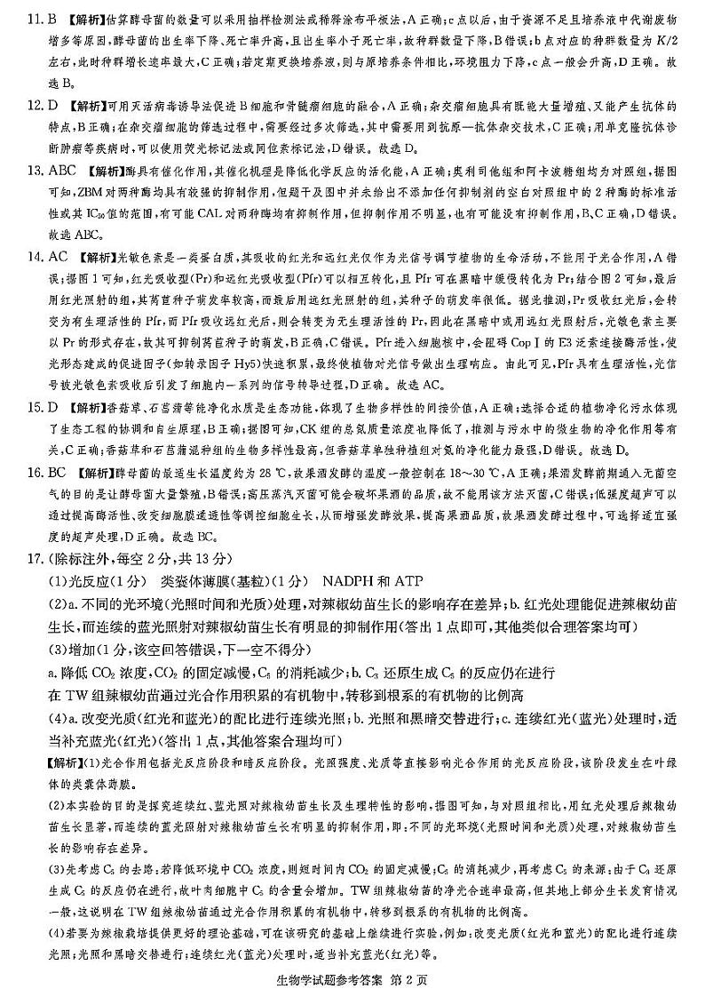 2024年普通高中学业水平选择性考试生物答案第2页