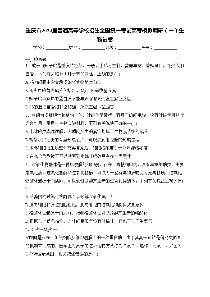 重庆市2024届普通高等学校招生全国统一考试高考模拟调研(一)生物试卷(含答案)第1页