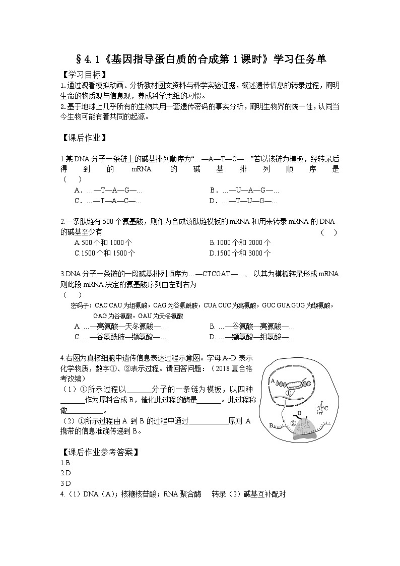 高一生物学人教版必修2基因指导蛋白质的合成(1)学习任务单01