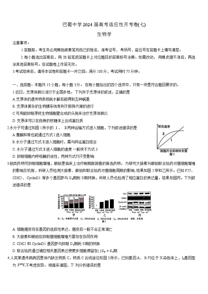 巴蜀中学2024届高三3月高考适应性月考卷(七)生物试卷第1页