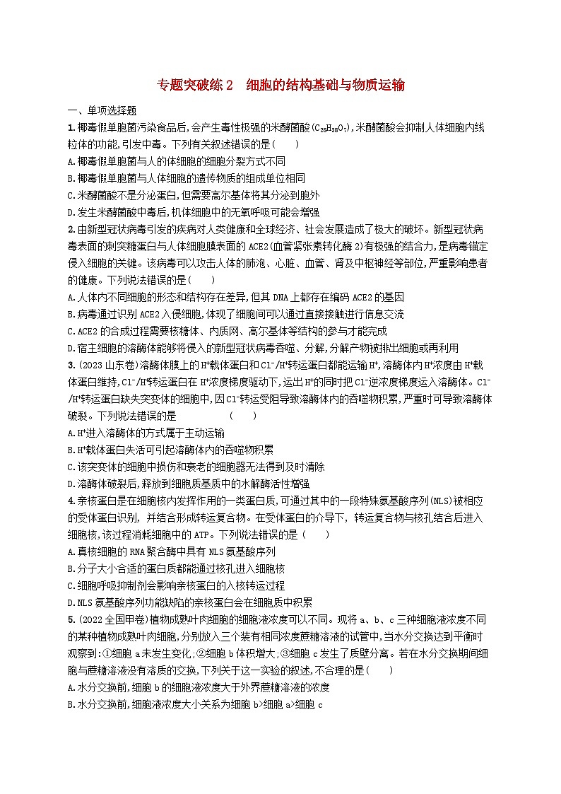2024屆新高考生物二輪總復(fù)習(xí)專題突破練2細(xì)胞的結(jié)構(gòu)基礎(chǔ)與物質(zhì)運(yùn)輸（附解析）第1頁