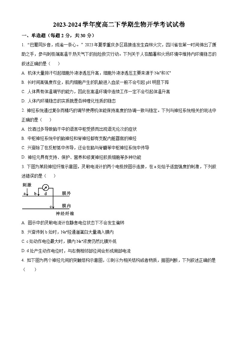 四川省自贡市第一中学2023-2024学年高二下学期开学考试生物试卷(Word版附解析)01
