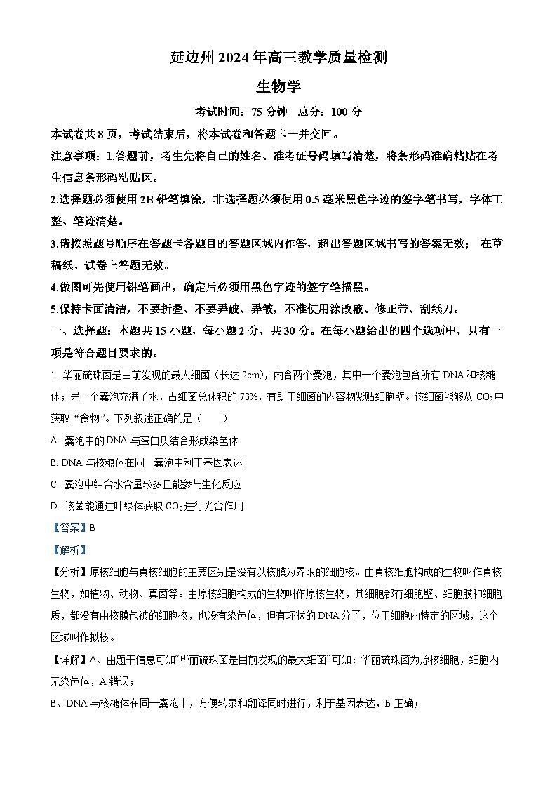 2024屆吉林省延邊州高三下學期教學質(zhì)量檢測（一模）生物試題（解析版）第1頁
