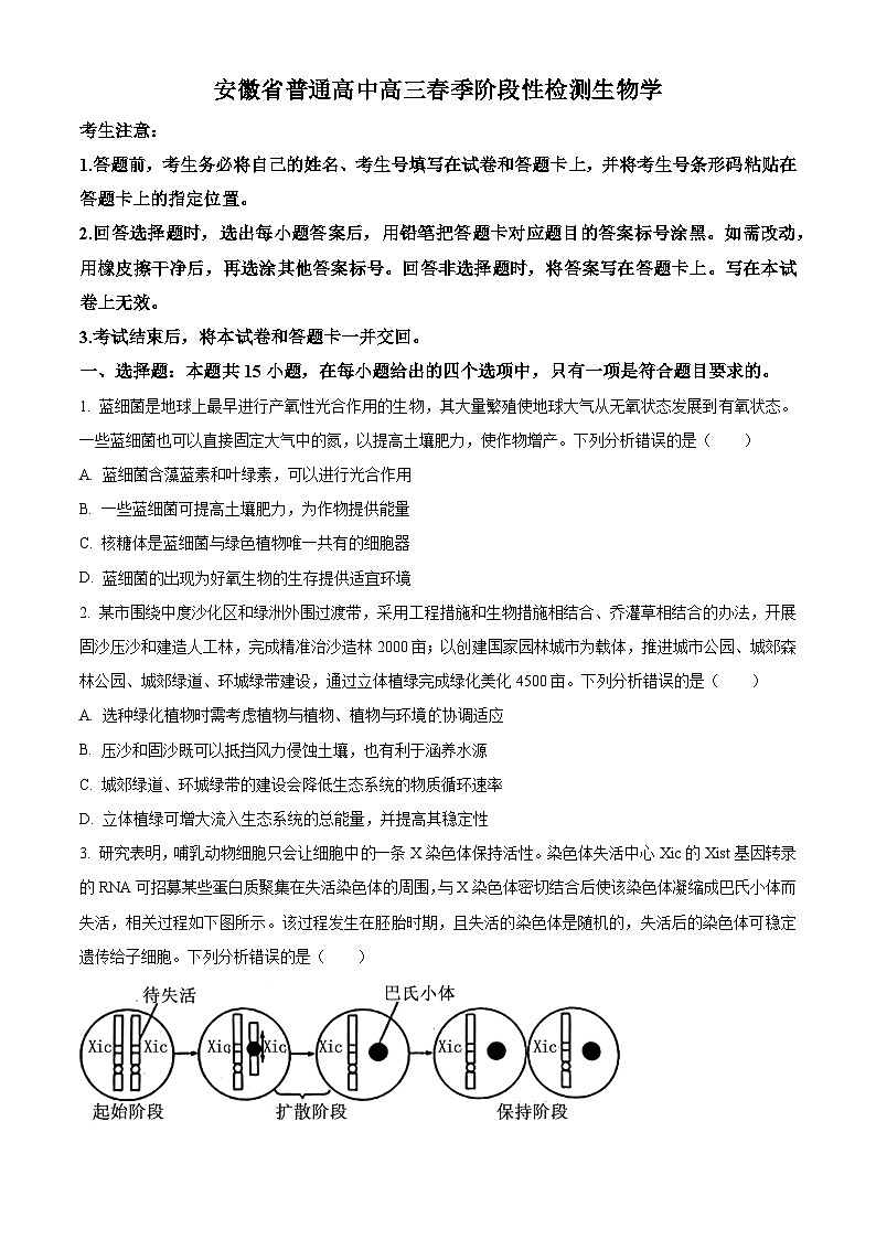 安徽省部分学校2023-2024学年高三下学期春季阶段性检测生物试题 Word版无答案第1页