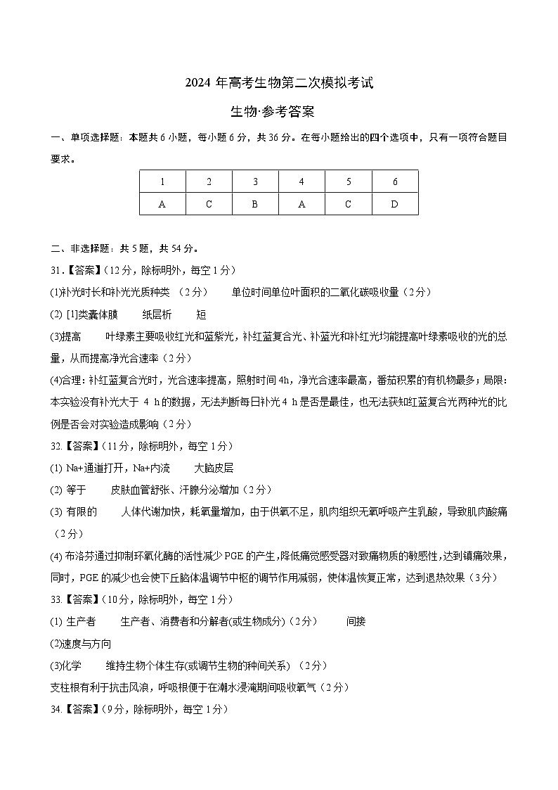 2024年高考第二次模拟考试卷:生物(全国卷新教材)(参考答案)第1页