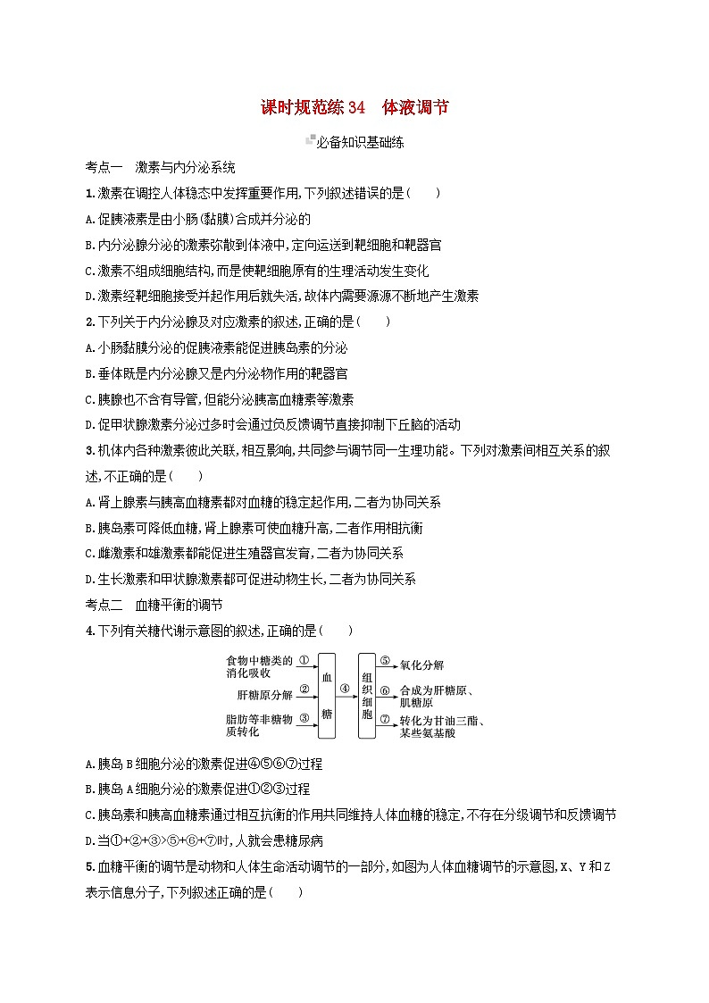 备战2025届高考生物一轮总复习第8单元稳态与调节课时规范练34体液调节第1页