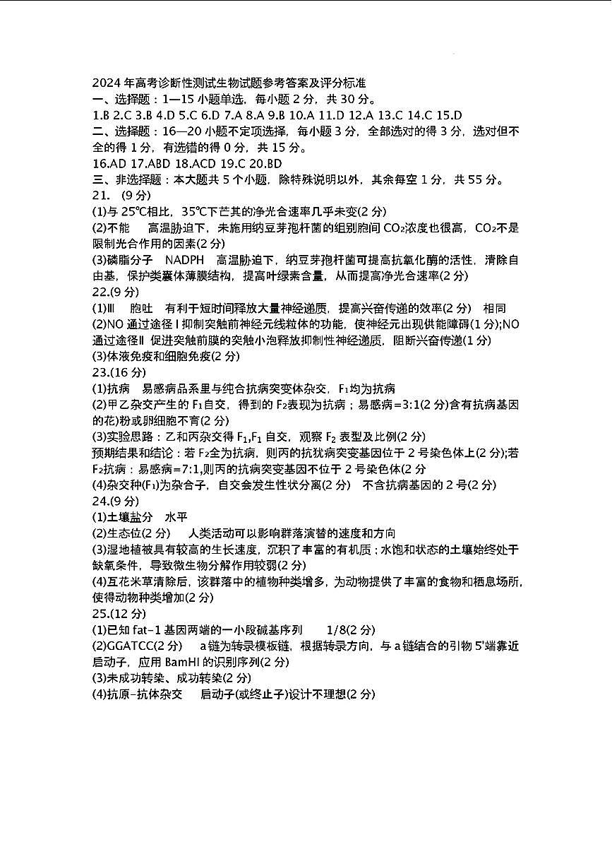 山東省煙臺(tái)德州東營(yíng)2024年高考診斷性測(cè)試 生物答案第1頁(yè)