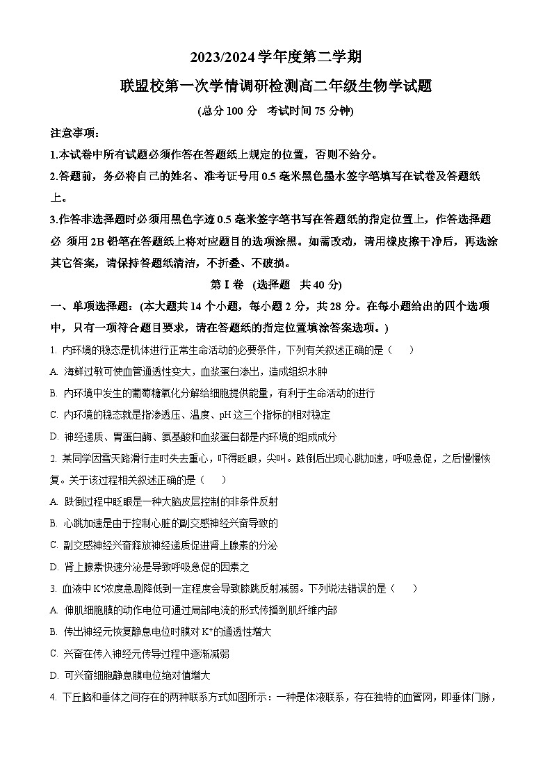 江苏省盐城市五校联考2023-2024学年高二下学期3月月考生物试题(原卷版+解析版)01
