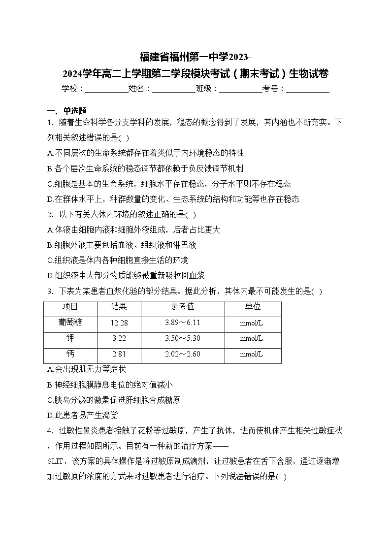 福建省福州第一中學(xué)2023-2024學(xué)年高二上學(xué)期第二學(xué)段模塊考試（期末考試）生物試卷(含答案)第1頁