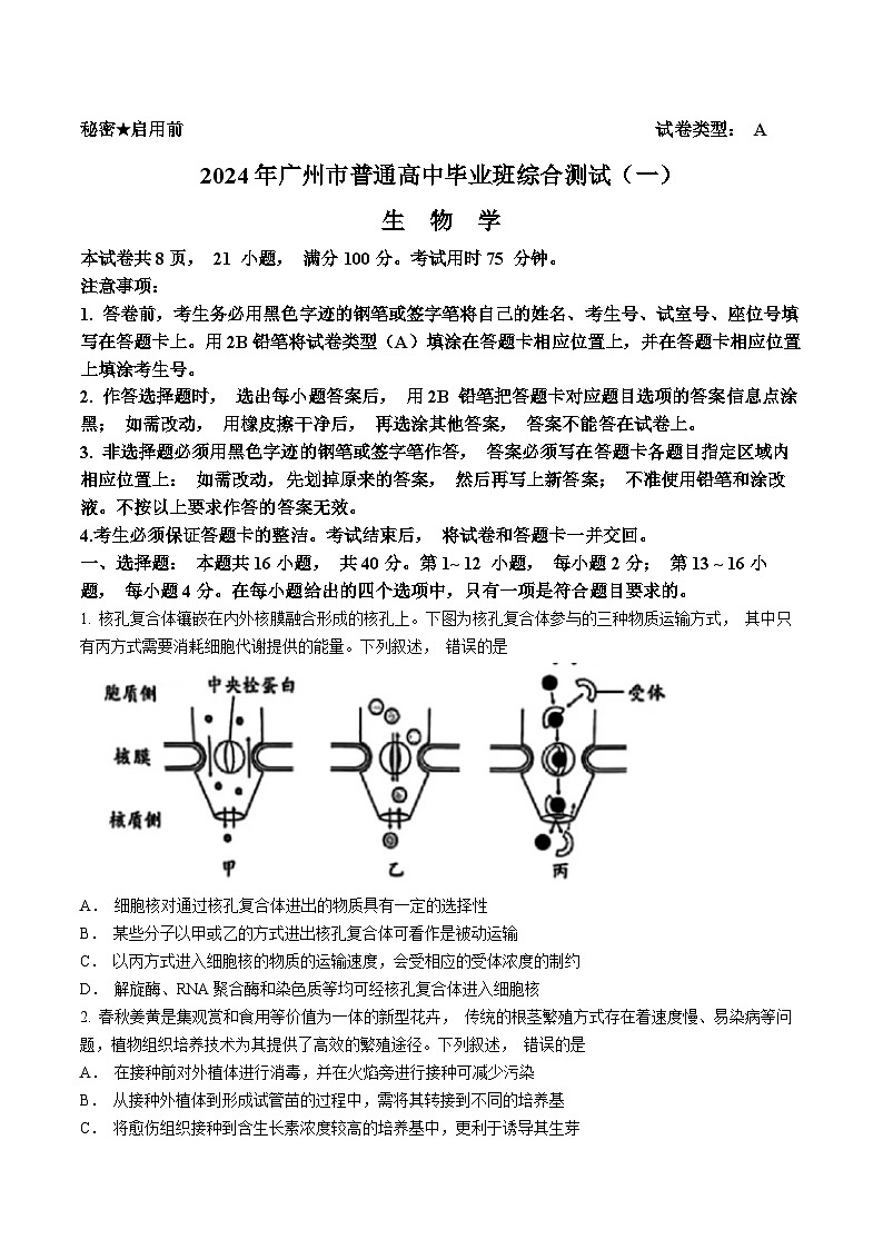2024届广东省广州市高三一模考试生物试题01