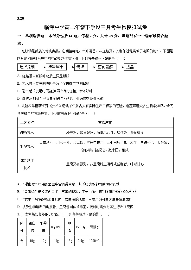 精品解析:江苏省扬州市高邮市临泽中学2023-2024学年高二下学期3月月考生物试题(原卷版)第1页