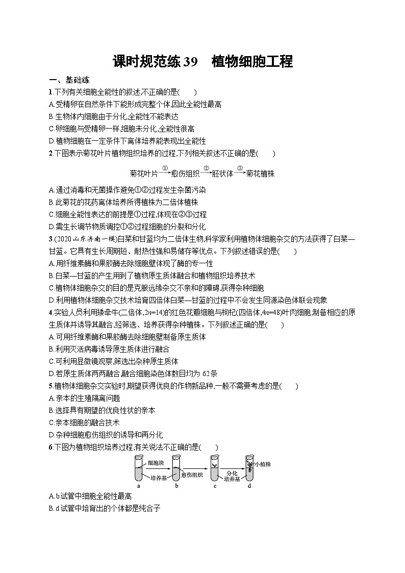 2025届高考生物一轮复习专项练习课时规范练39植物细胞工程(Word版附解析)第1页