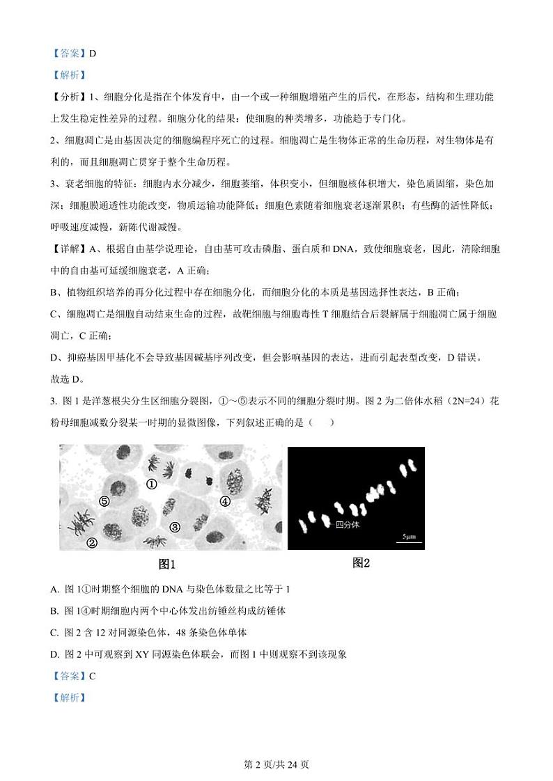 【生物答案】2024届江苏省宿迁市高三调研测试生物试题(解析版)第2页