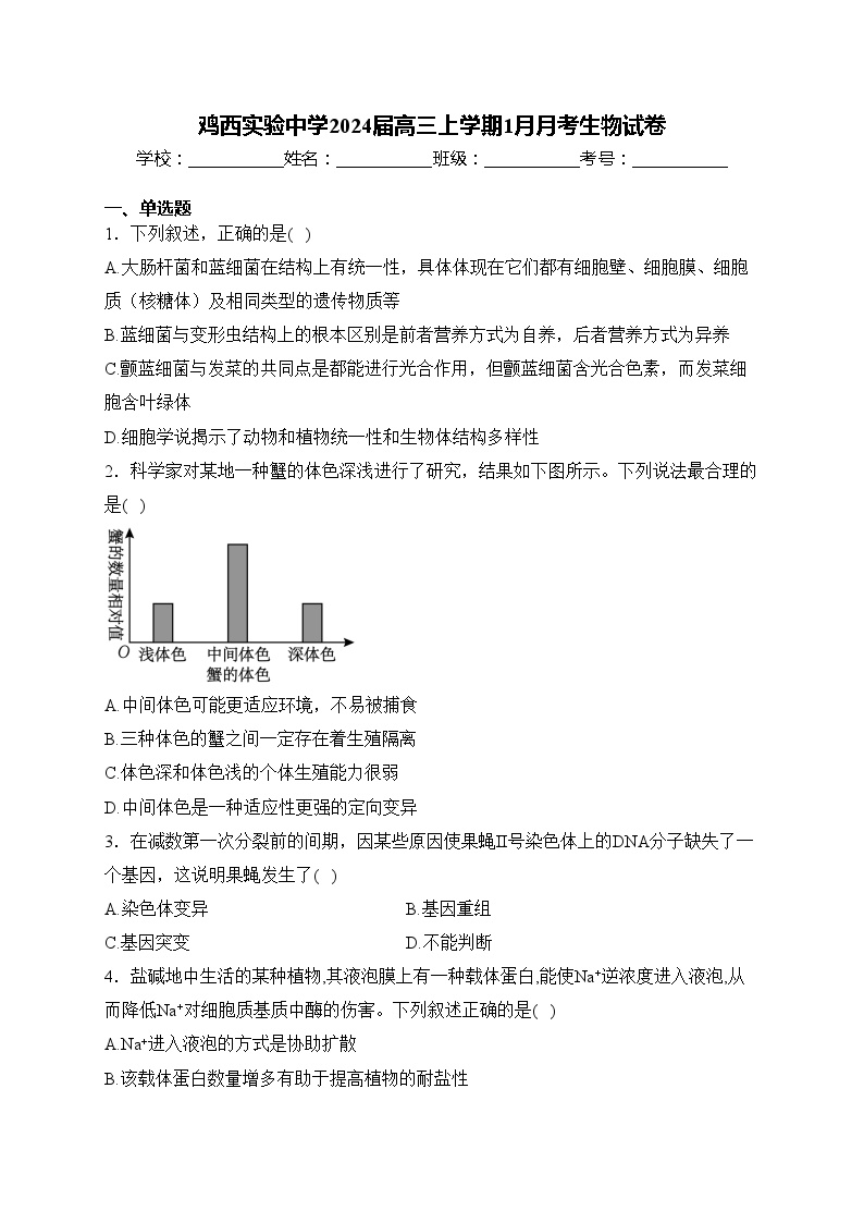 鸡西实验中学2024届高三上学期1月月考生物试卷(含答案)