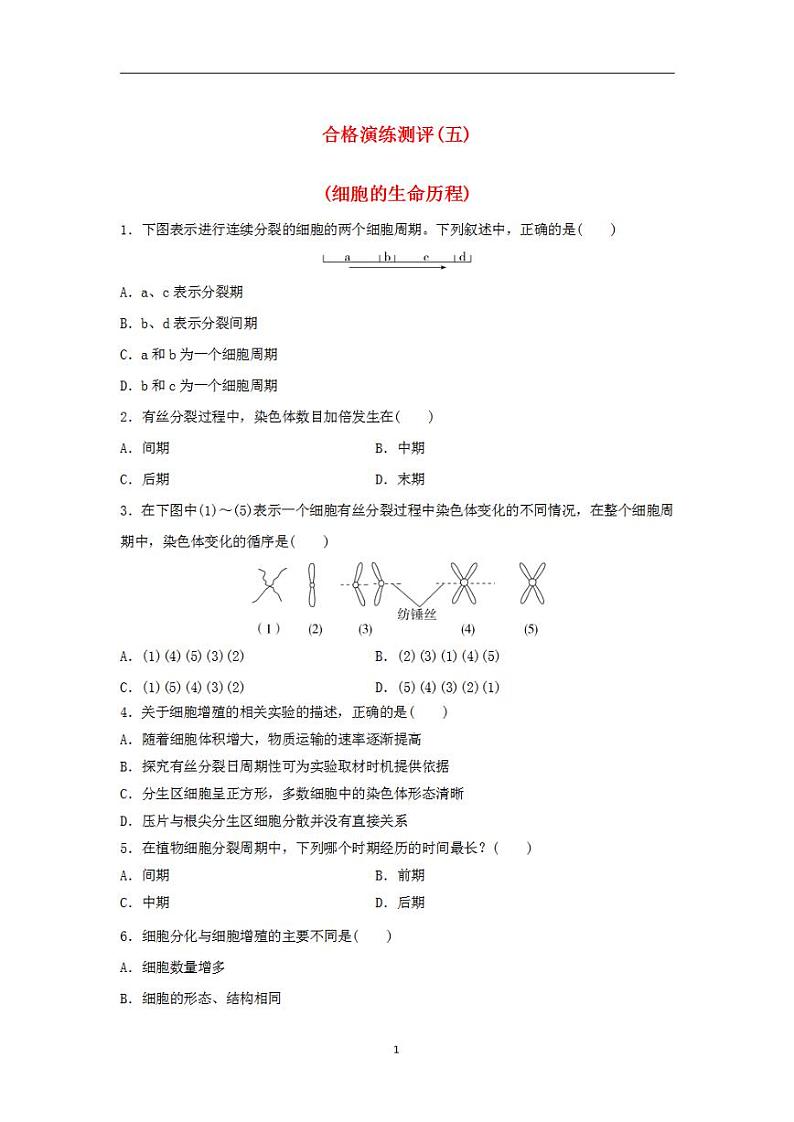 2024届高考生物学业水平测试复习合格演练测评五细胞的生命历程第1页