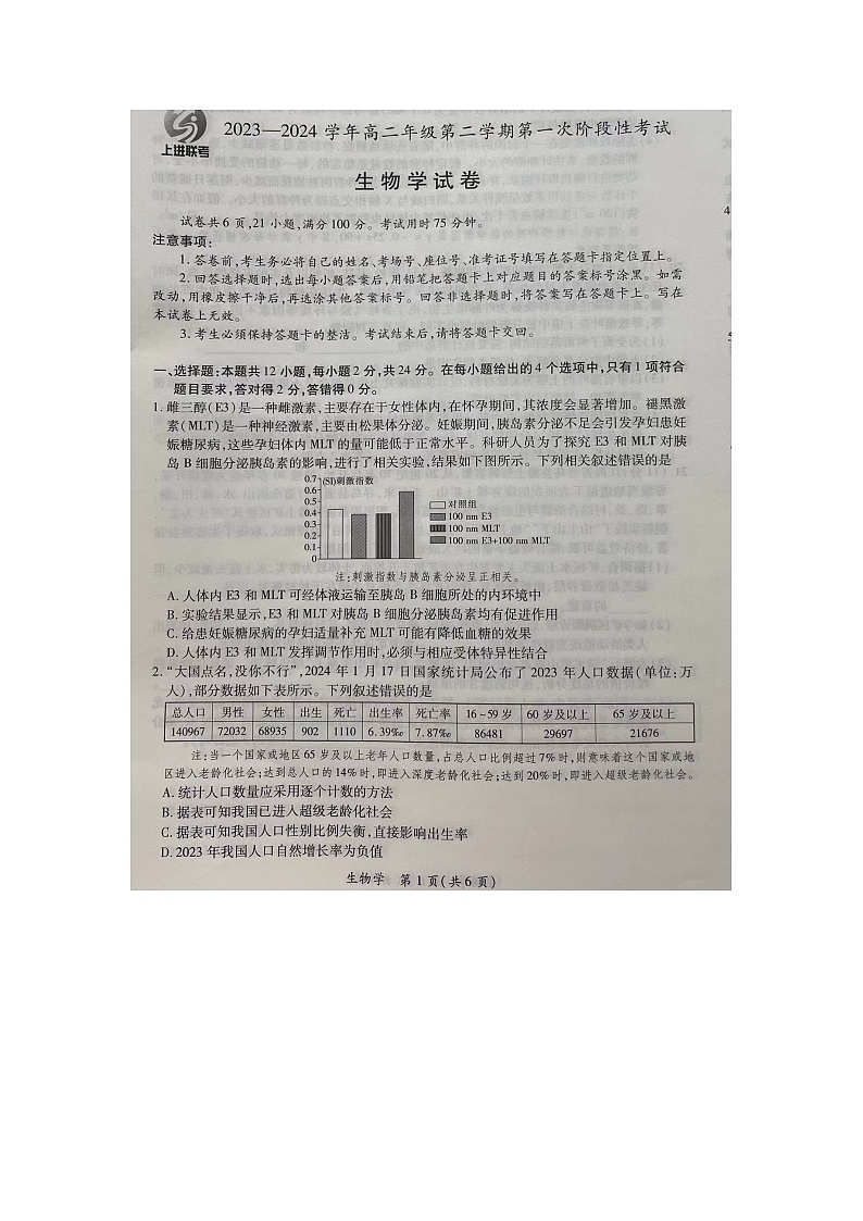 江西省赣州高二年级3月上进联考生物试卷第1页