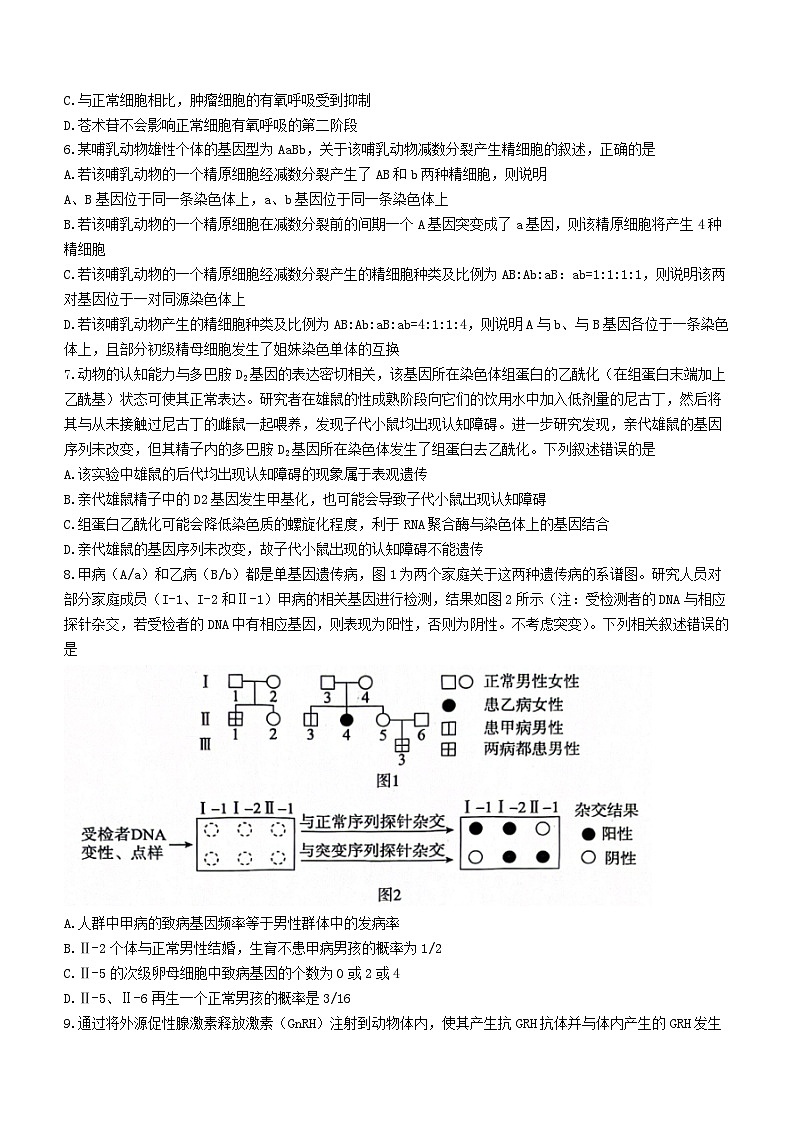 2024届河北省沧州市泊头市高三八县联考一模生物试题(无答案)02
