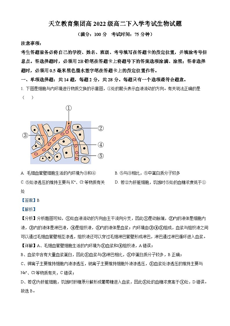 精品解析:四川省雅安市天立教育集团2023-2024学年高二下学期开学考试生物试题(解析版)第1页