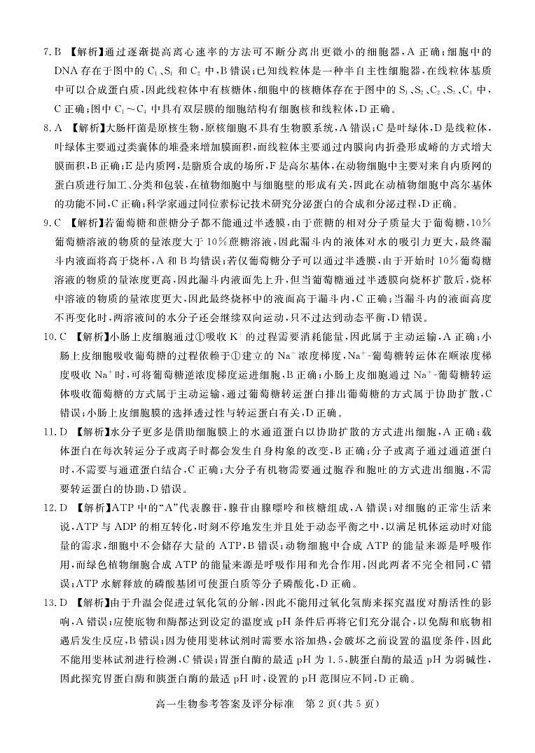 肇庆市2023-2024学年第一学期高一年级期末教学质量检测生物答案第2页