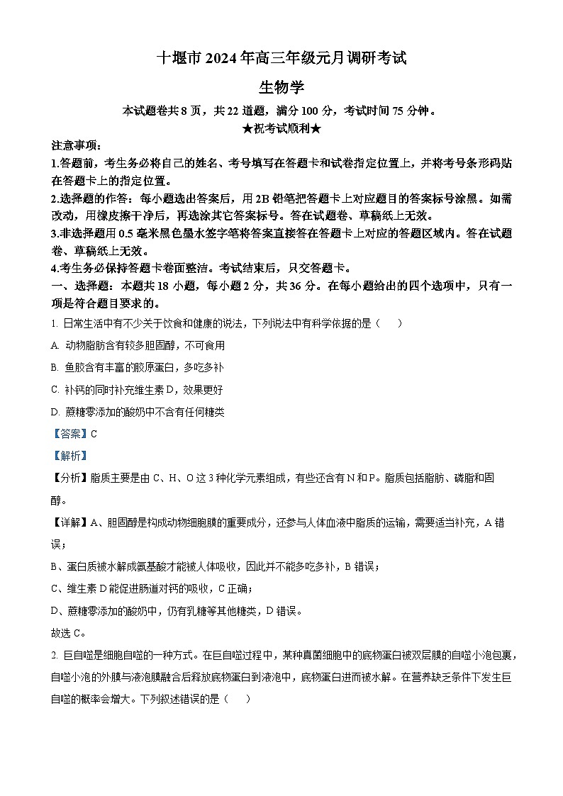 湖北省十堰市2023-2024学年高三1月调研考试生物试题 Word版含解析第1页