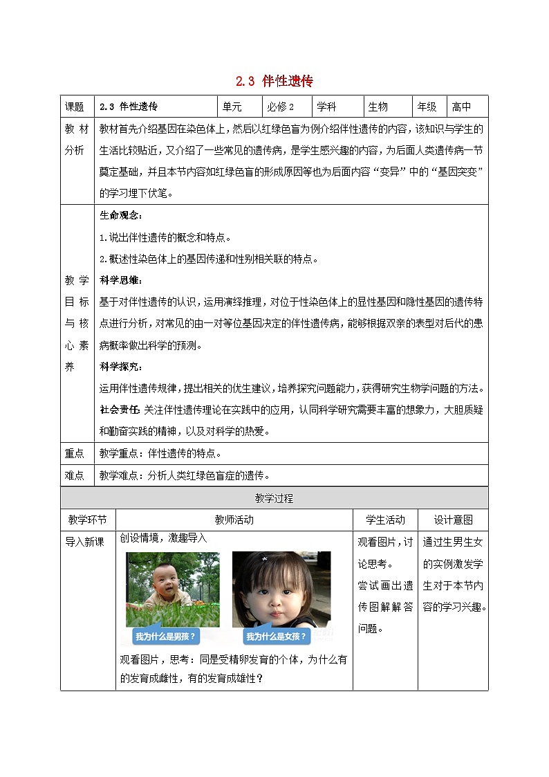 新教材同步备课2024春高中生物第2章基因和染色体的关系2.3伴性遗传教案新人教版必修2第1页