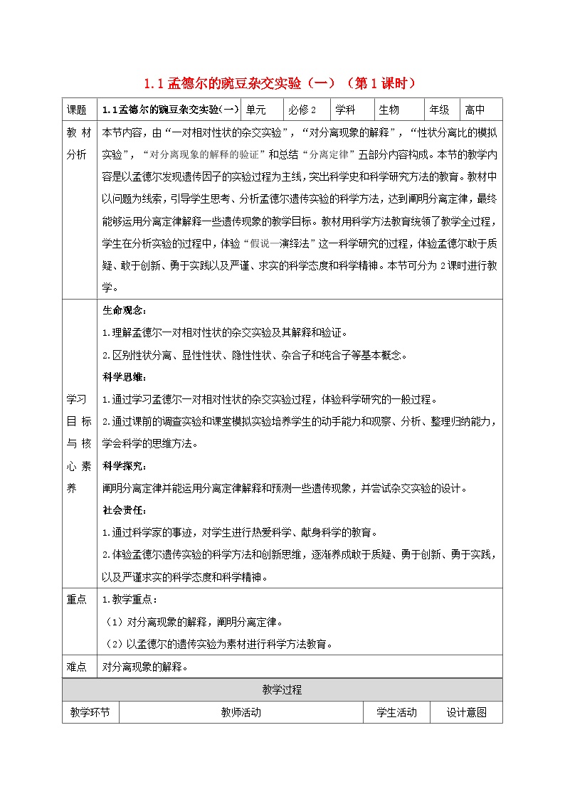 新教材同步备课2024春高中生物第1章遗传因子的发现1.1孟德尔的豌豆杂交实验一第1课时教案新人教版必修2