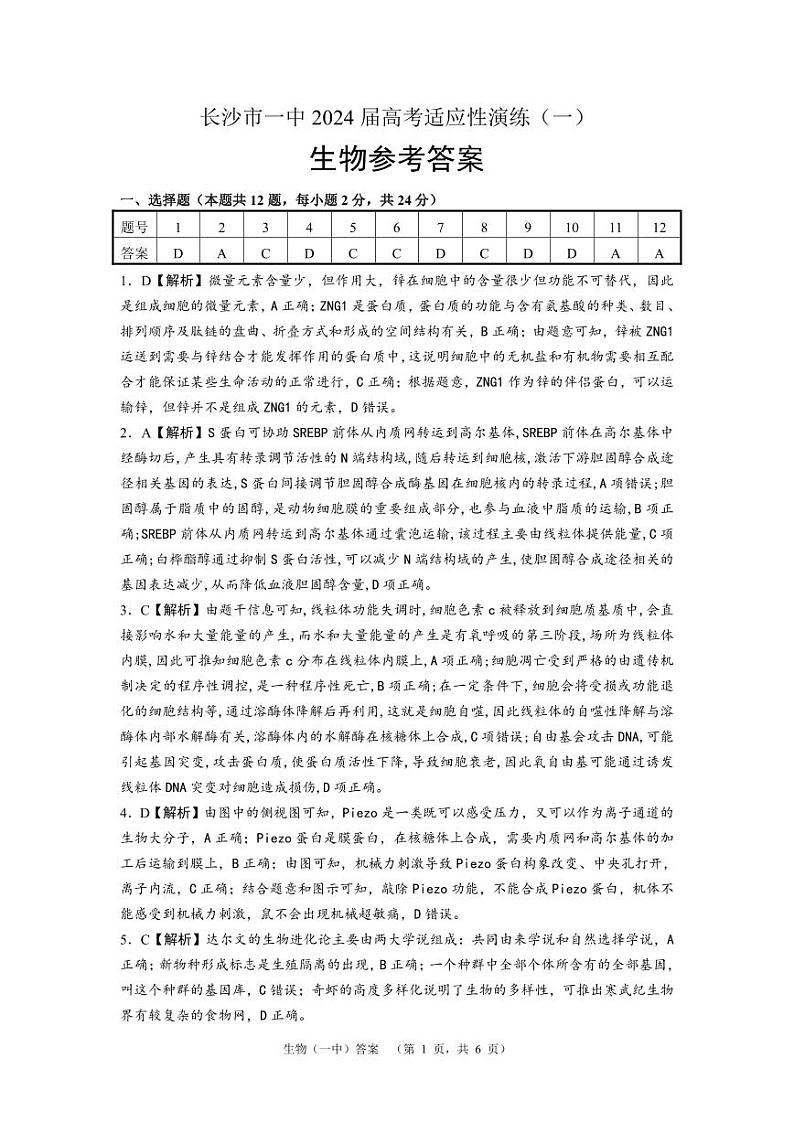 湖南省长沙市第一中学2024届高三下学期高考适应性演练(一)生物试卷(PDF版附解析)01