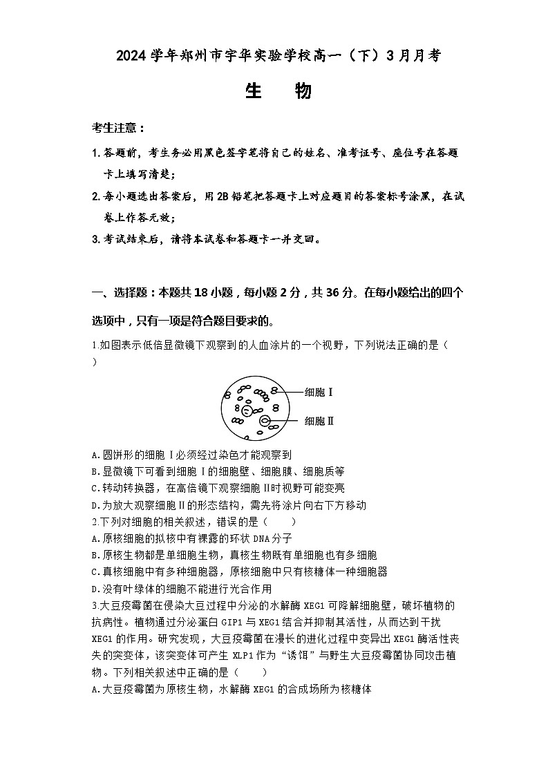 河南省郑州市宇华实验学校2023-2024学年高一下学期3月月考生物试题第1页