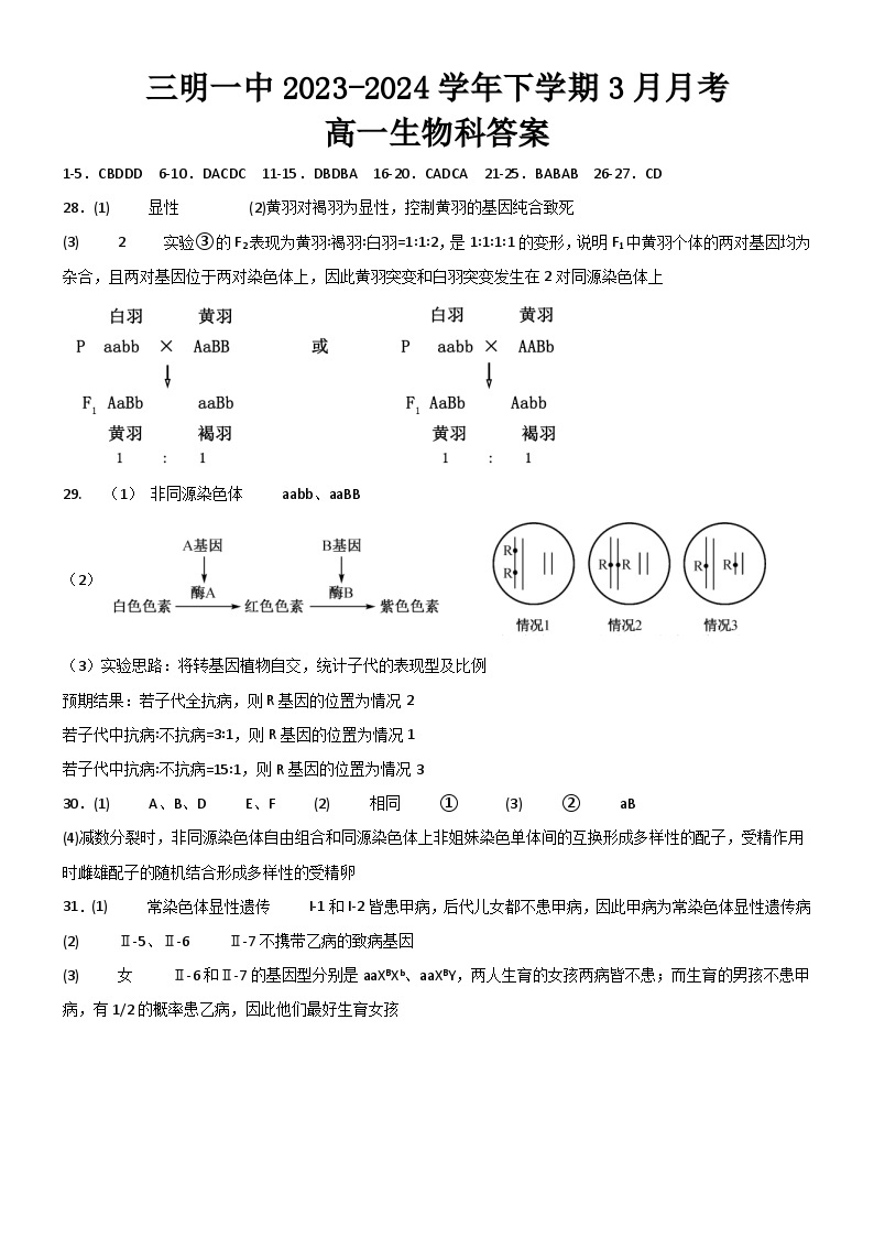 福建省三明市第一中学2023-2024学年高一下学期3月月考生物试题（Word版附解析）01