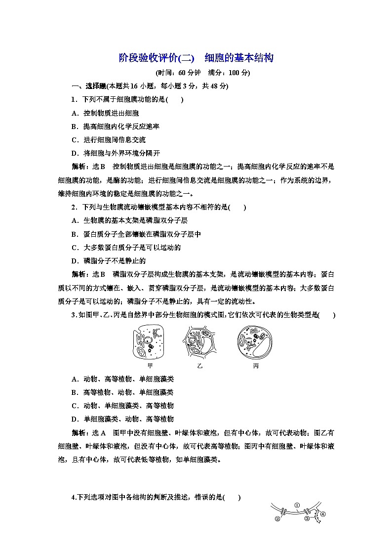 人教版高中生物必修1阶段验收测试(二)细胞的基本结构含答案第1页