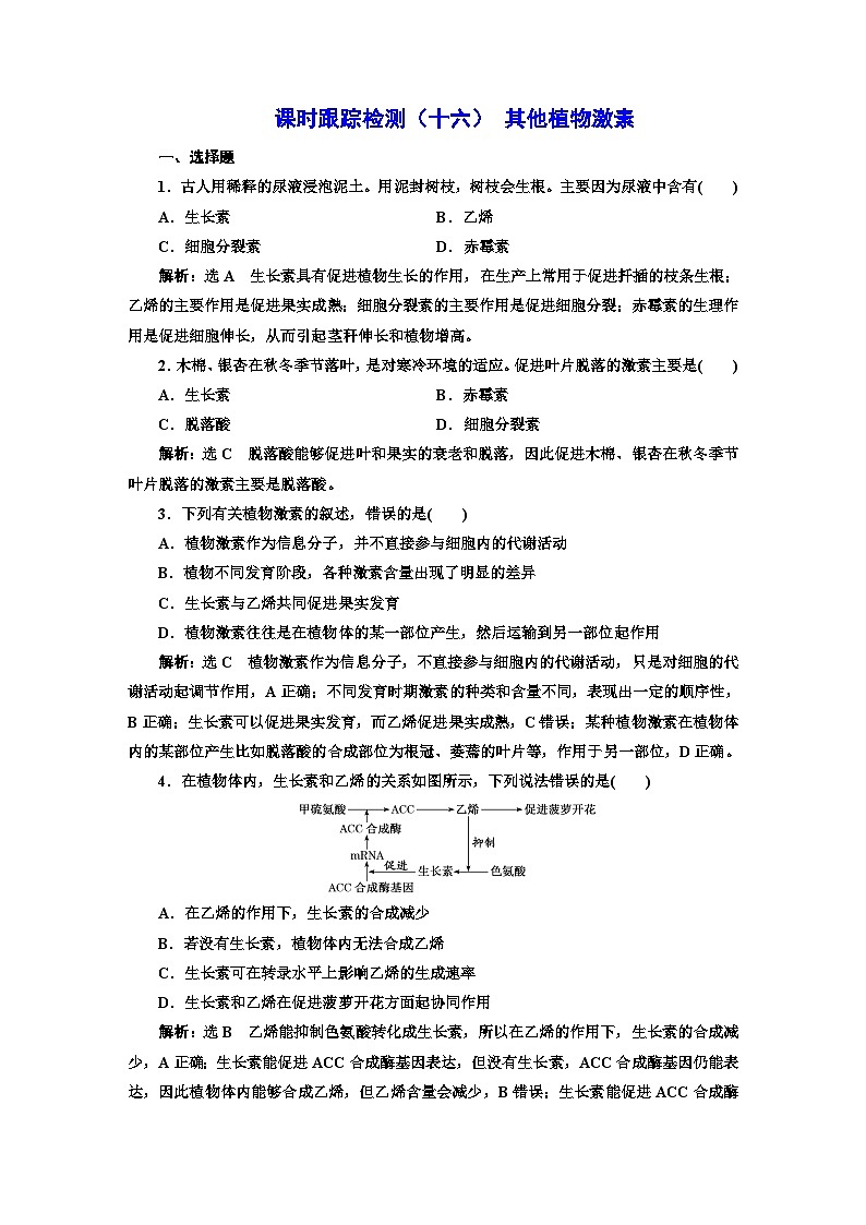 人教版高中生物選擇性必修1課時(shí)跟蹤檢測(cè)(十六)其他植物激素含答案第1頁