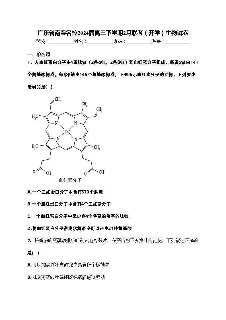 广东省南粤名校2024届高三下学期2月联考（开学）生物试卷(含答案)