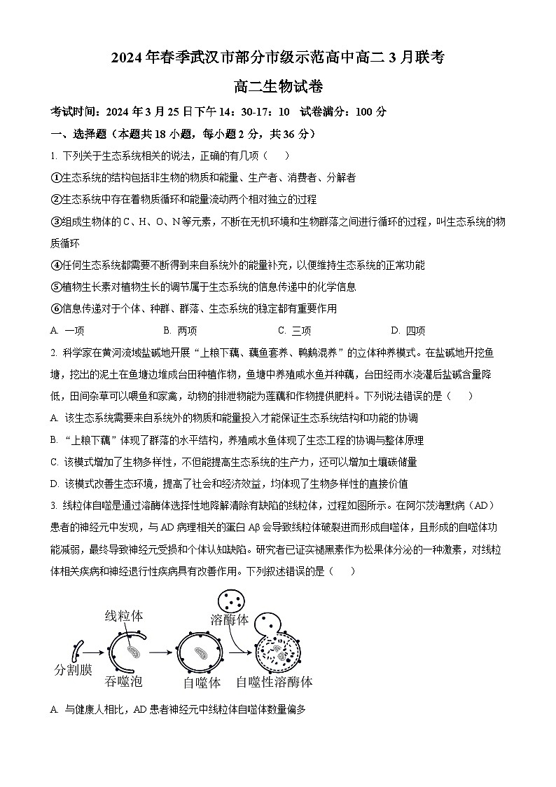 湖北省武汉市部分市级示范高中2023-2024学年高二下学期3月联考生物试卷(Word版附解析)01
