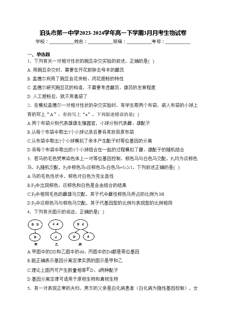 泊头市第一中学2023-2024学年高一下学期3月月考生物试卷(含答案)第1页