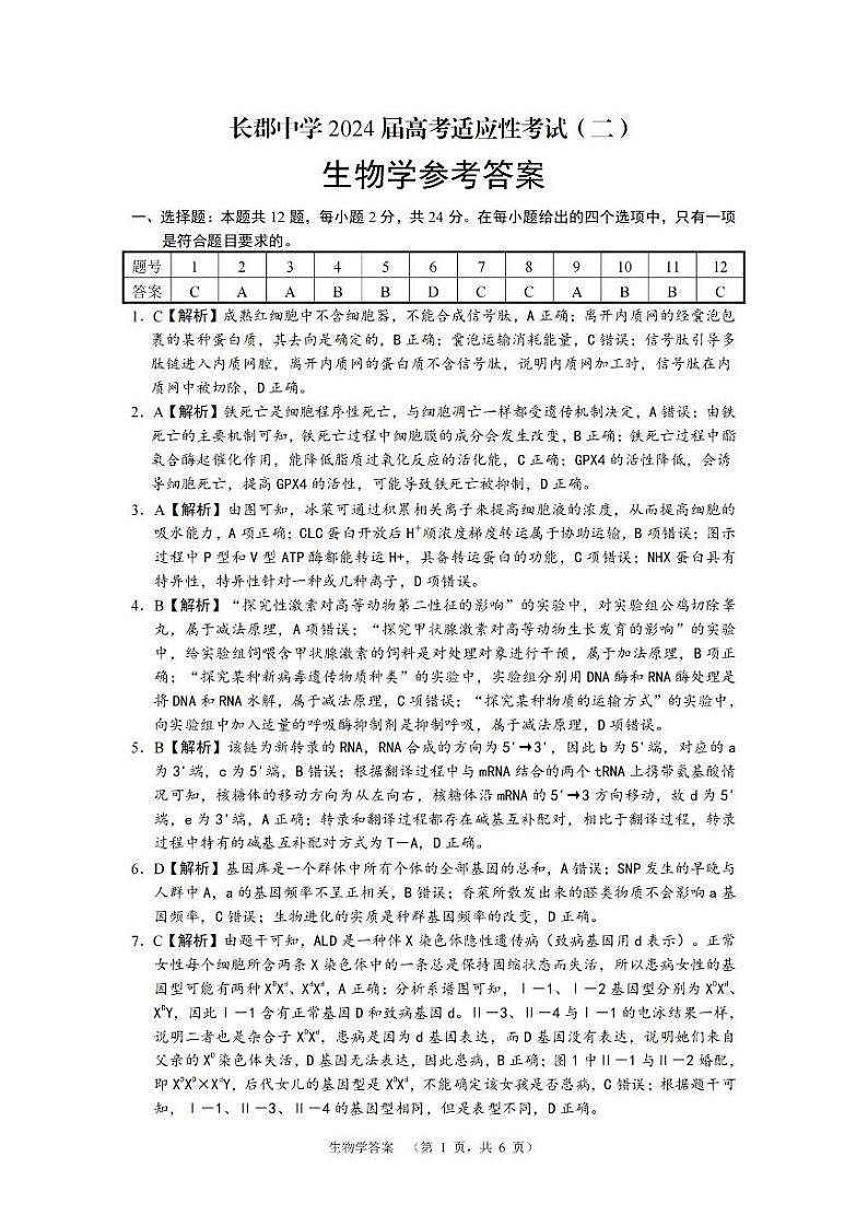 2024届湖南省长沙市长郡中学高三高考适应性考试(二)生物试题01