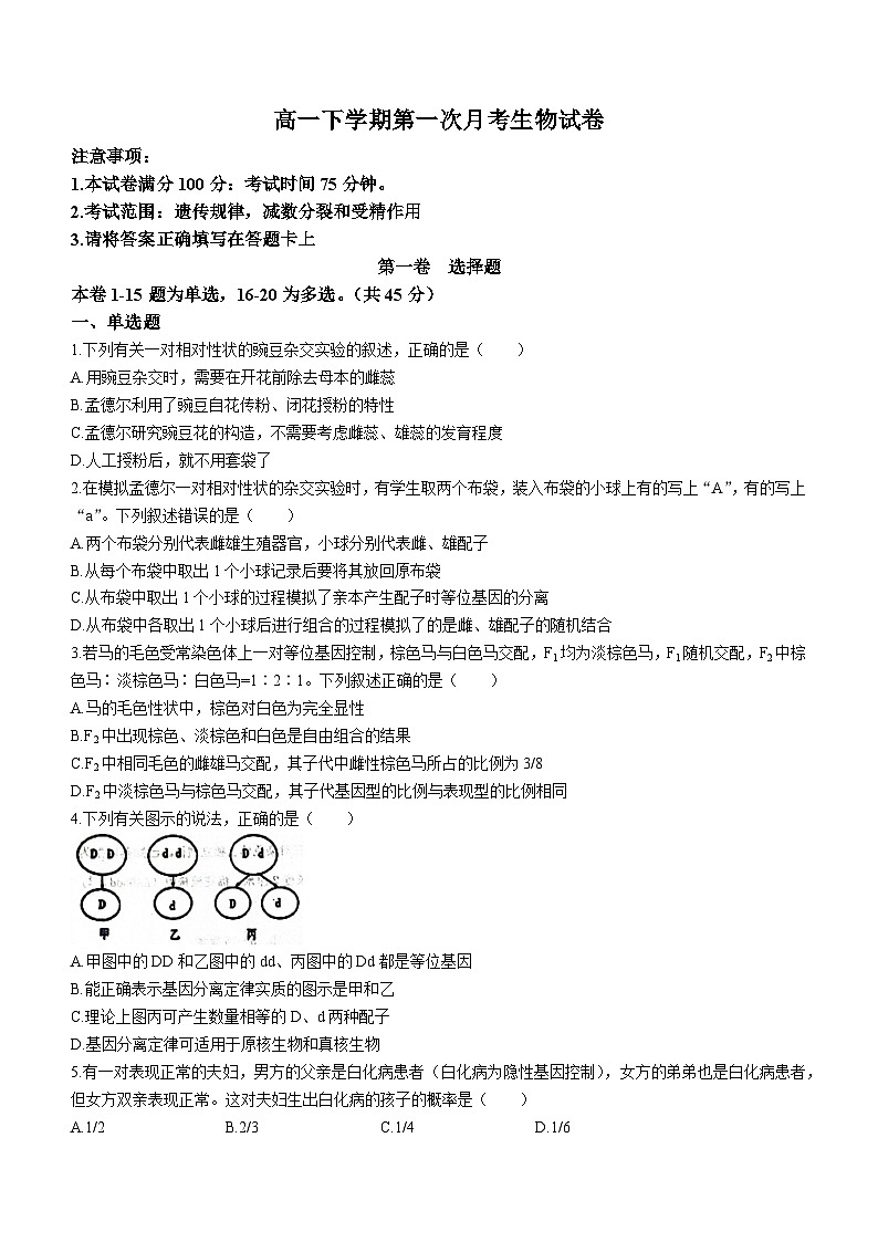 河北省沧州市泊头市第一中学2023-2024学年高一下学期3月月考生物试题(无答案)第1页