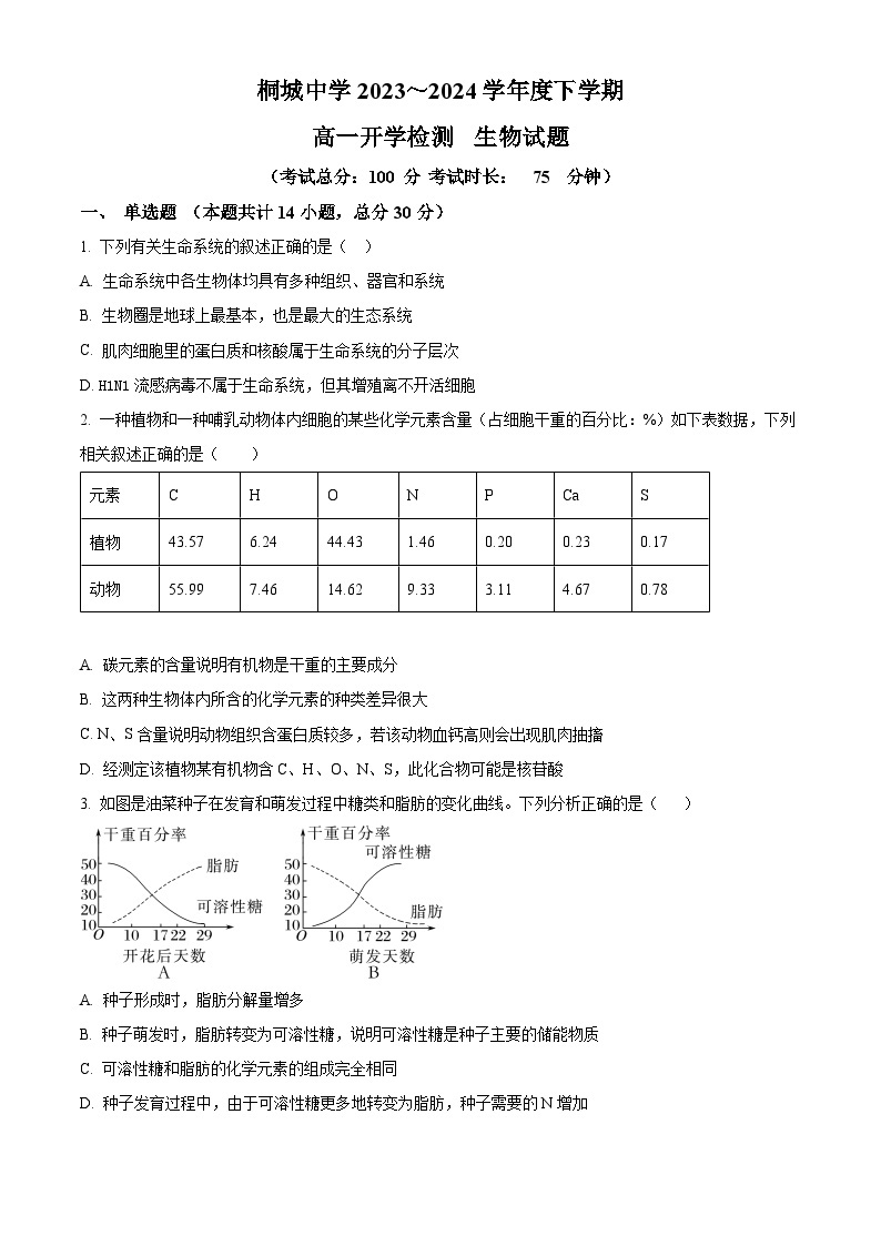 2024安庆桐城中学高一下学期开学考试生物试题含解析01