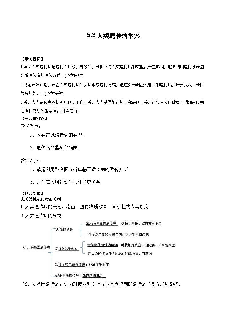 5.3人類遺傳病學(xué)案第1頁