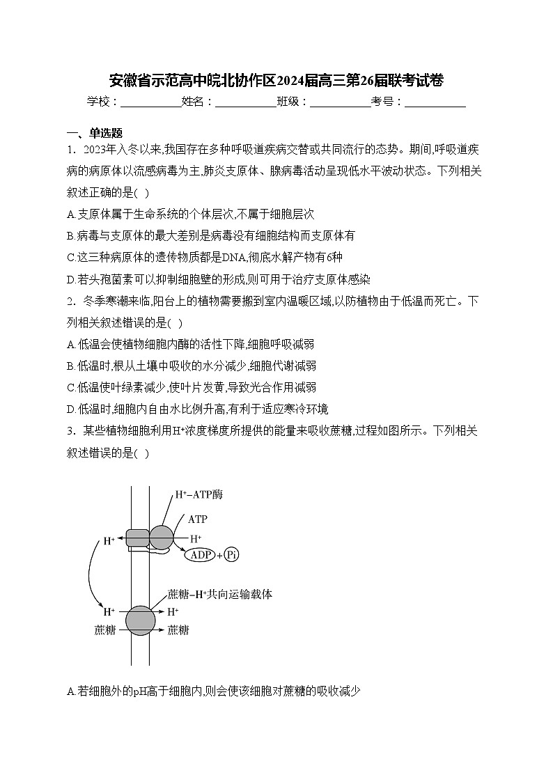 安徽省示范高中皖北协作区2024届高三第26届联考试卷(含答案)第1页